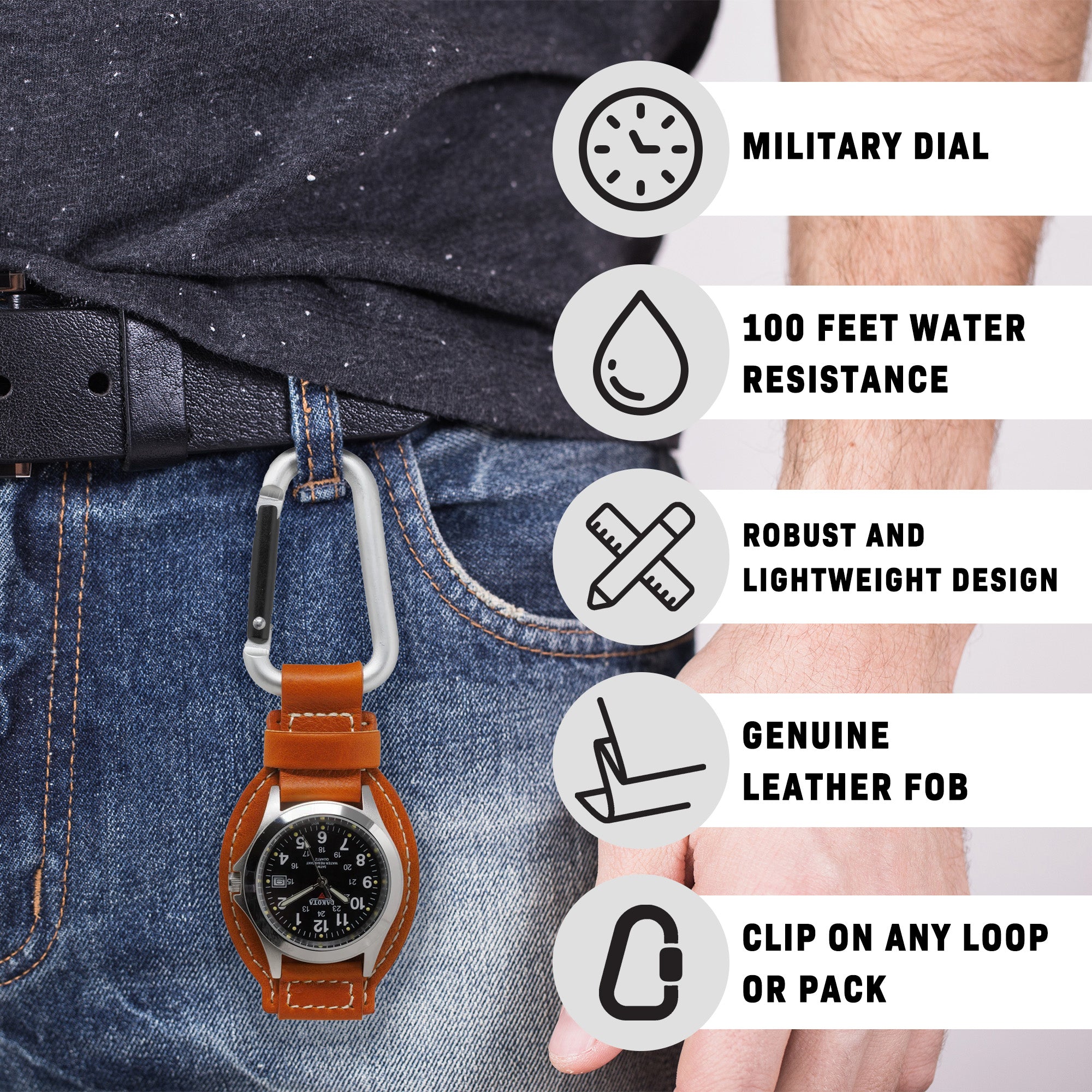 Leather Clip - Silver Case Black Dial Tan Holder