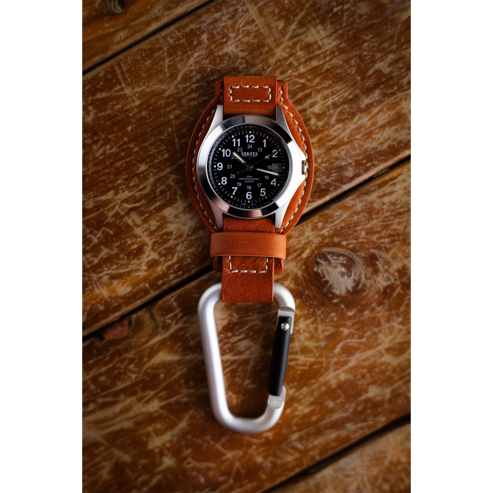 Leather Clip - Silver Case Black Dial Tan Holder