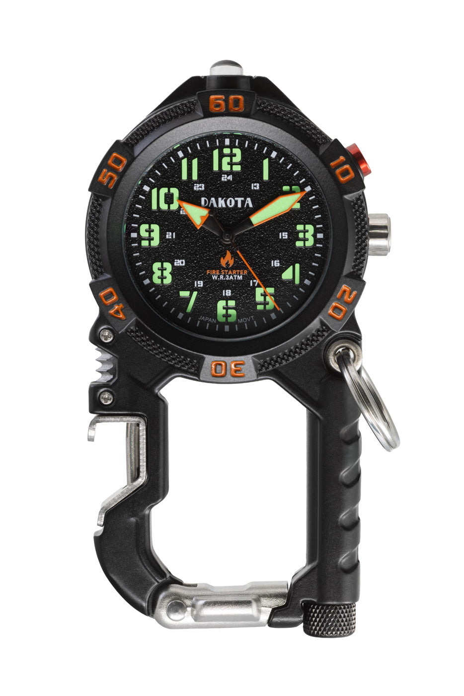 Black carabiner with watch face on a black background, includes built in fire starter. 