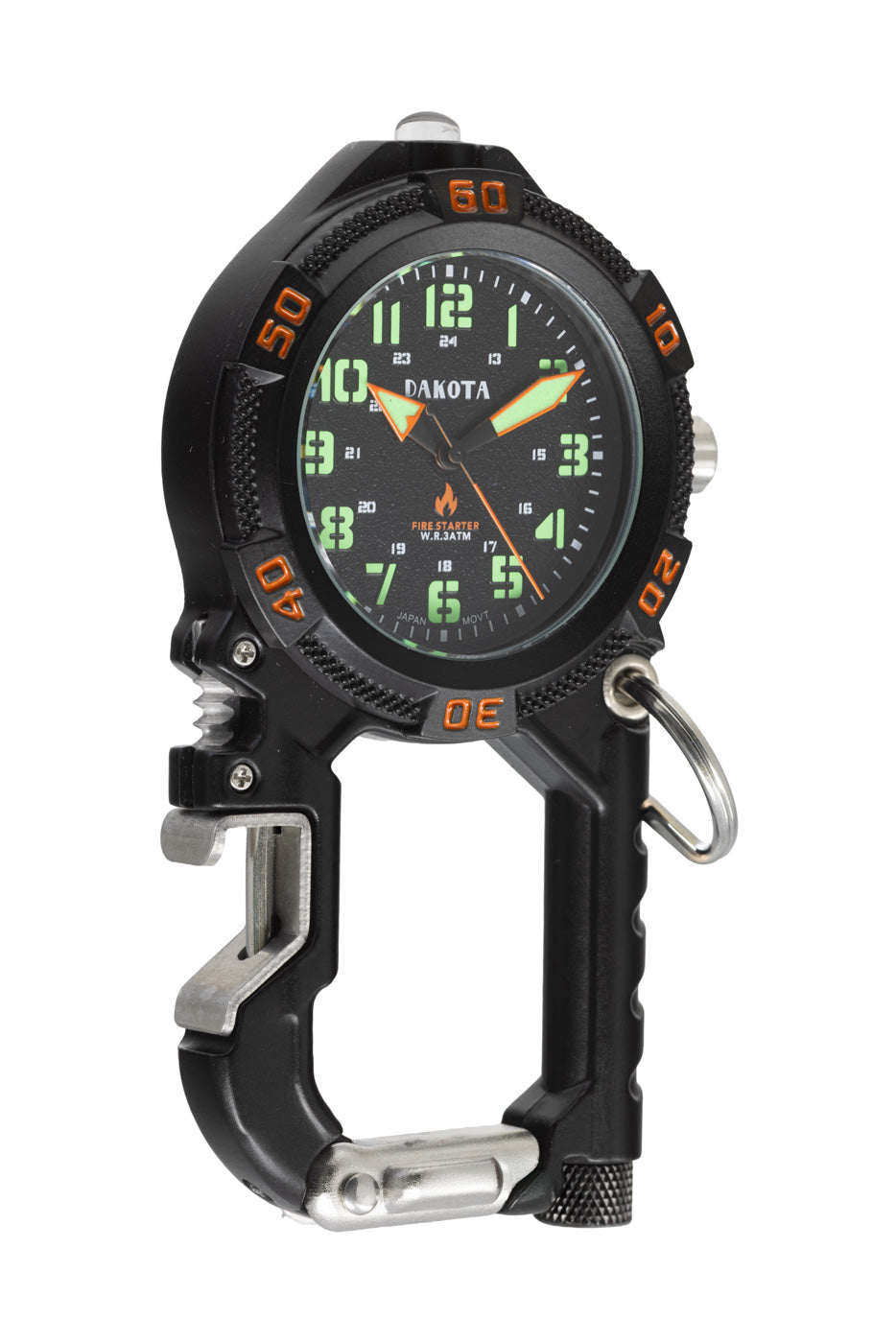 Black carabiner with watch face on a black background, includes built in fire starter. 