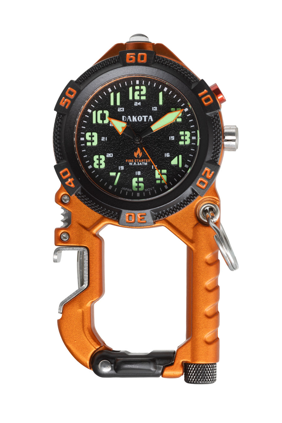 Orange carabiner with digital watch face on a black background, includes built in fire starter. 