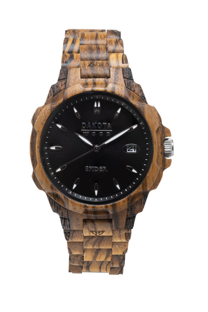 Wood Spider - Zebrawood Case and Band. Black Sunray Dial