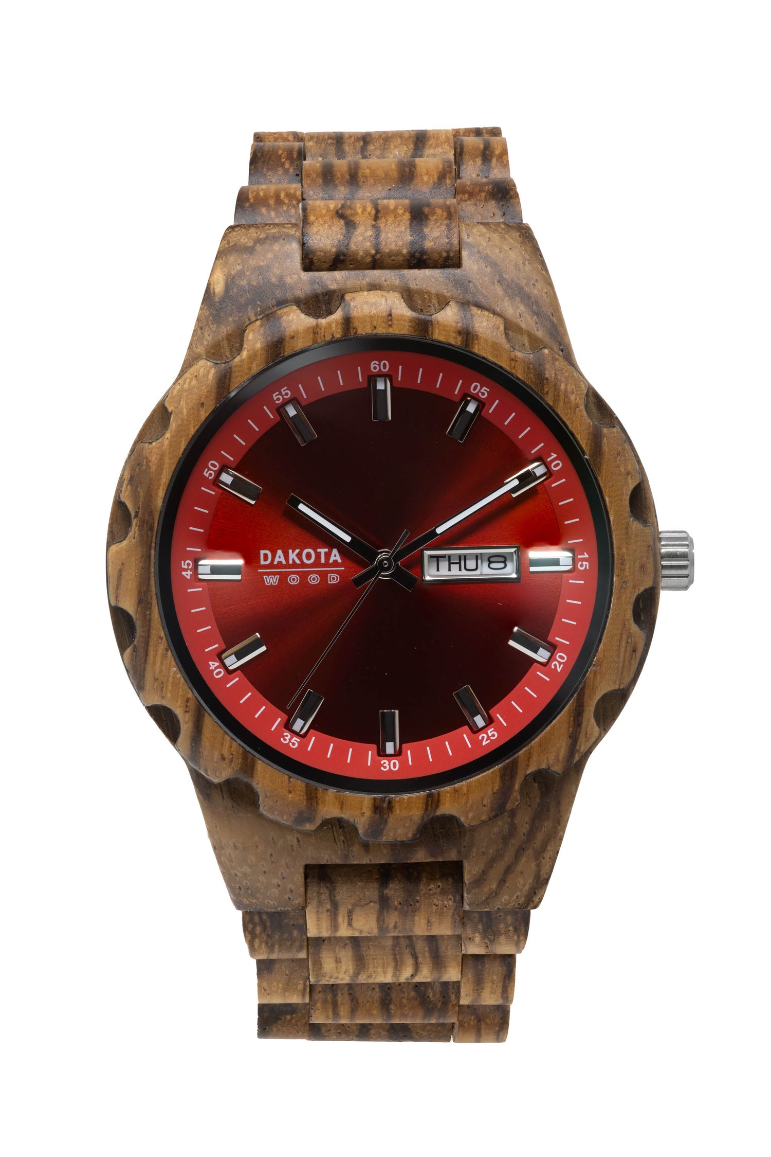 A wooden watch with a red sunray dial and a zebrawood case, displaying day and date, on a white background.