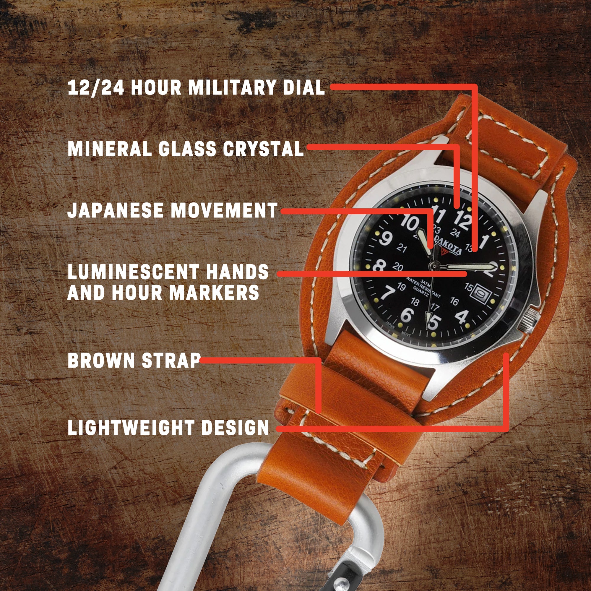 Leather Clip - Silver Case Black Dial Tan Holder