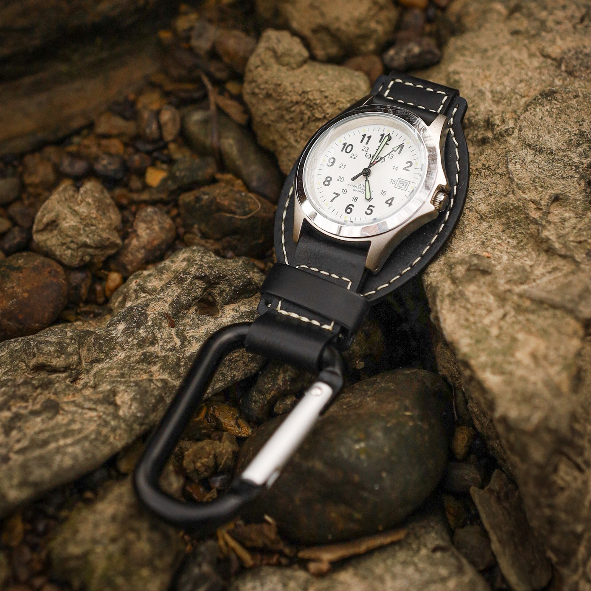 Leather Clip - Silver Case White Dial Black Holder
