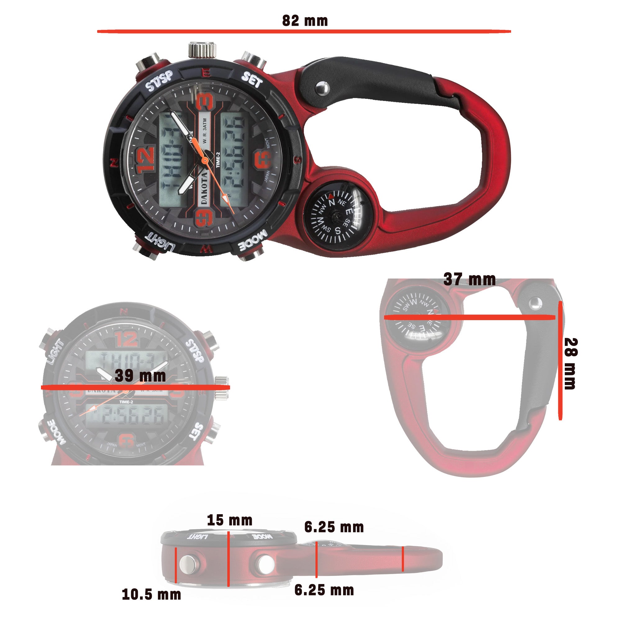 Analog Digital Miniclip - Red Case with Red/Black Dial and Normal LCD