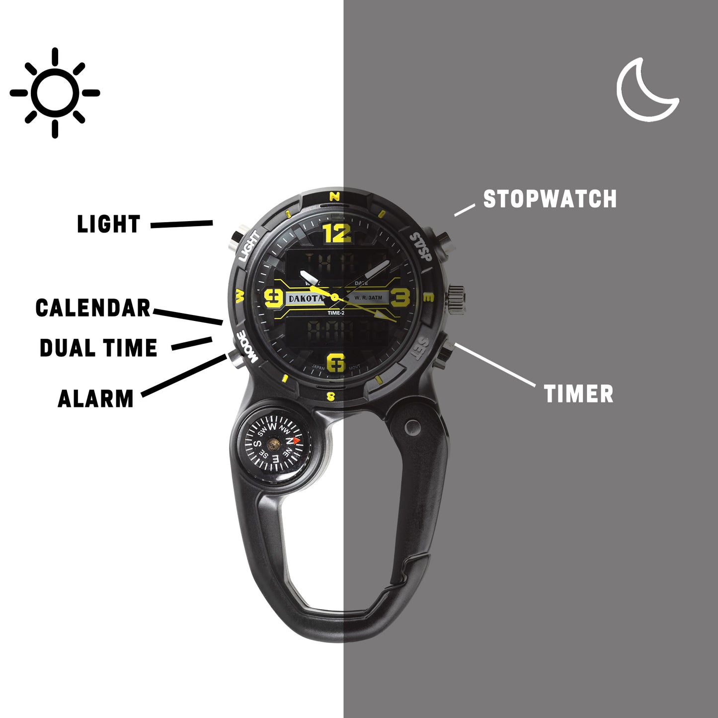 Analog Digital Miniclip  - Black Case with Black/Yellow Dial and Reverse LCD
