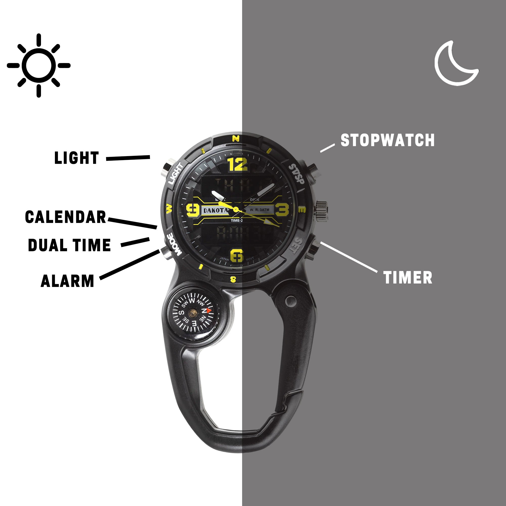 Analog Digital Miniclip  - Black Case with Black/Yellow Dial and Reverse LCD