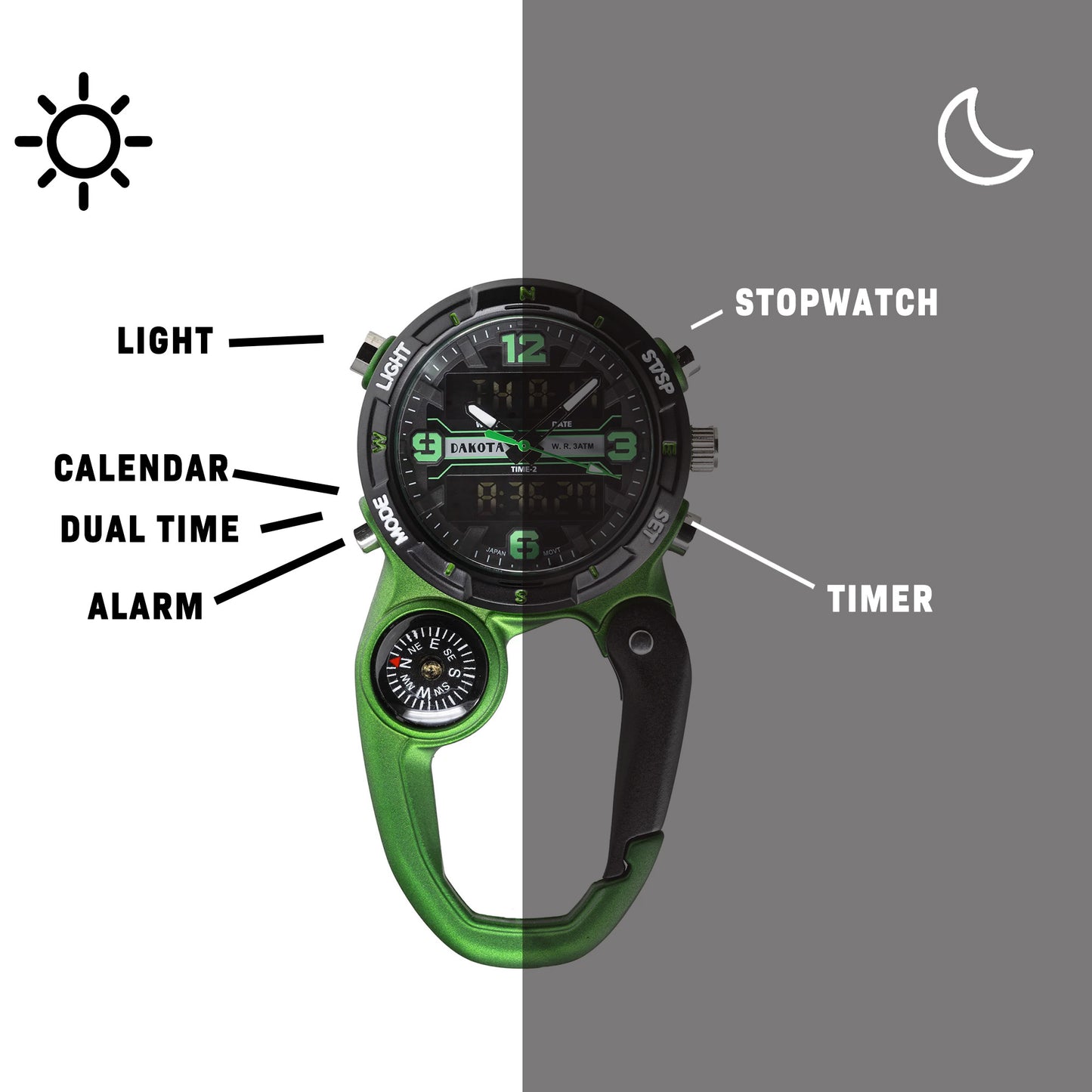 Analog Digital Miniclip - Green Case with Black/Green Dial and Reverse LCD