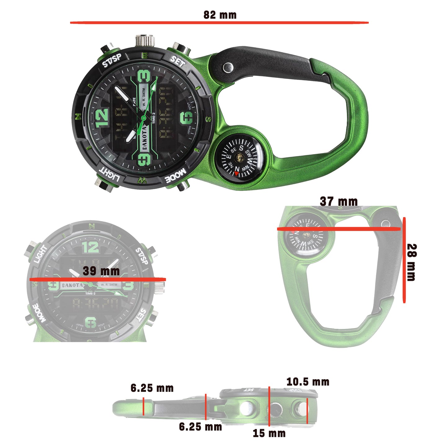 Analog Digital Miniclip - Green Case with Black/Green Dial and Reverse LCD