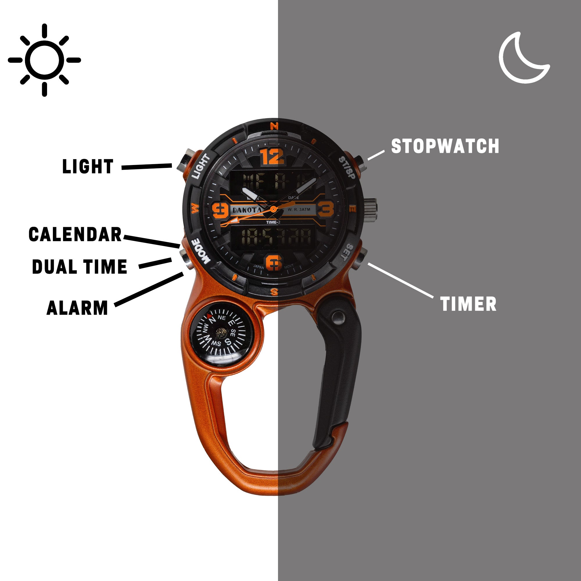 Analog Digital Miniclip - Orange Case with Black/Orange Dial and Reverse LCD