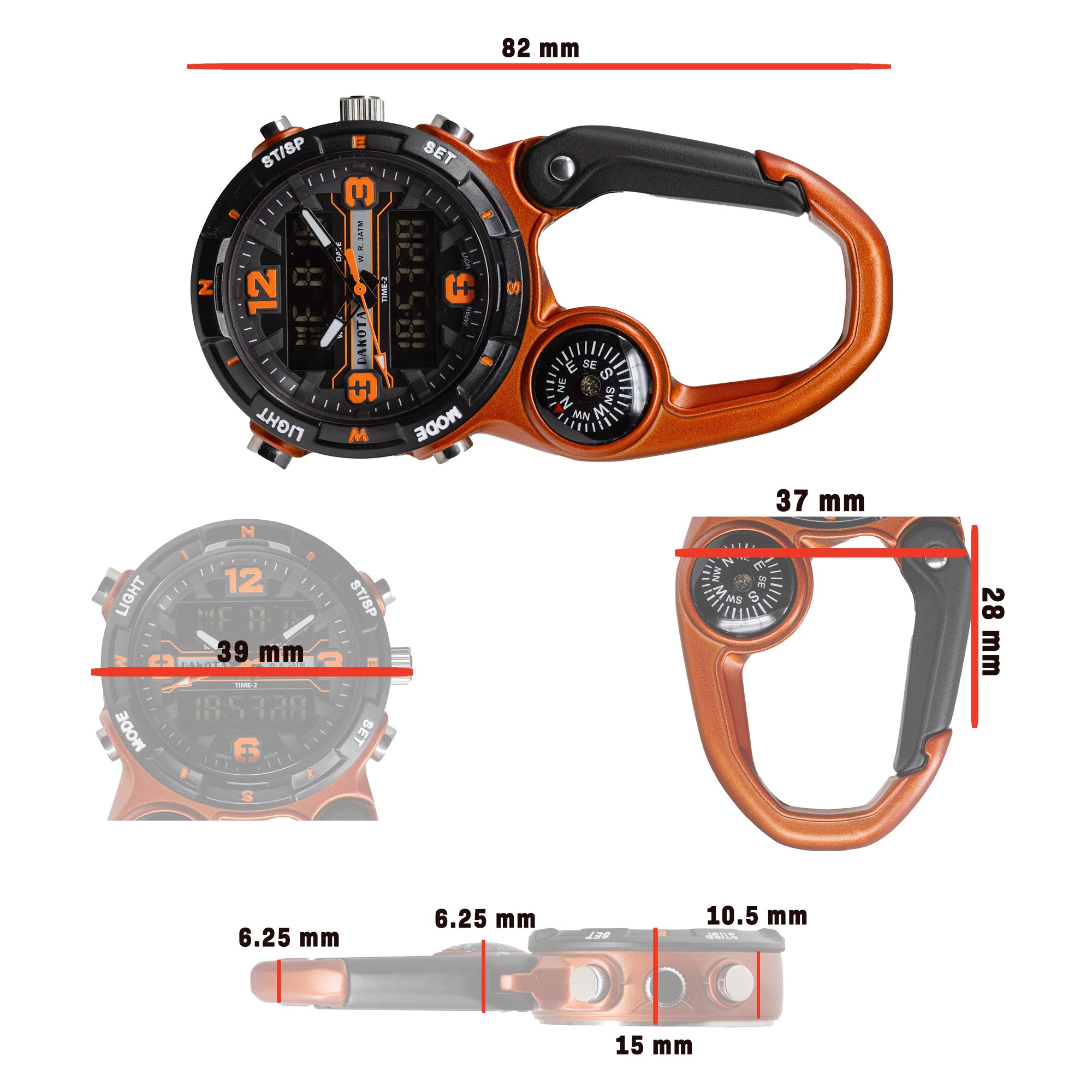 Analog Digital Miniclip - Orange Case with Black/Orange Dial and Reverse LCD