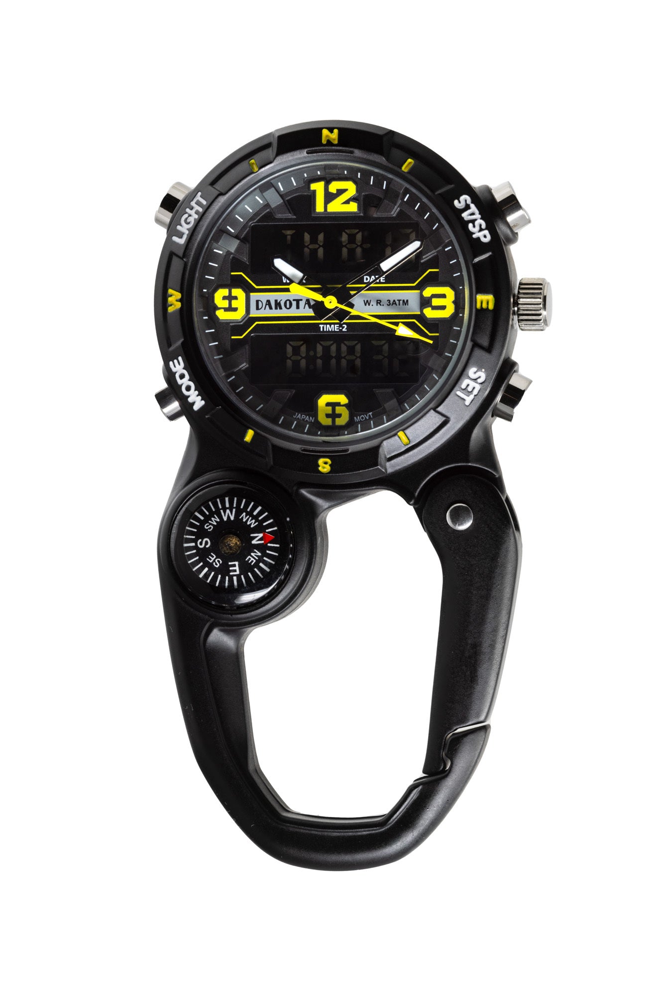 Clip watch with black case and black/yellow dial, featuring a digital display and analog features, with a built-in compass.